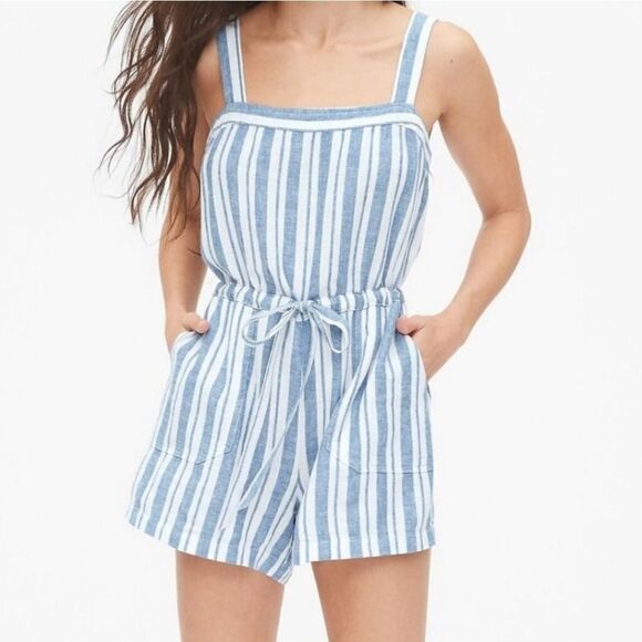🔺️Gap Blue & White Stripe Linen Blend Apron Romper Shorts Size 00 - Picture 1 of 11